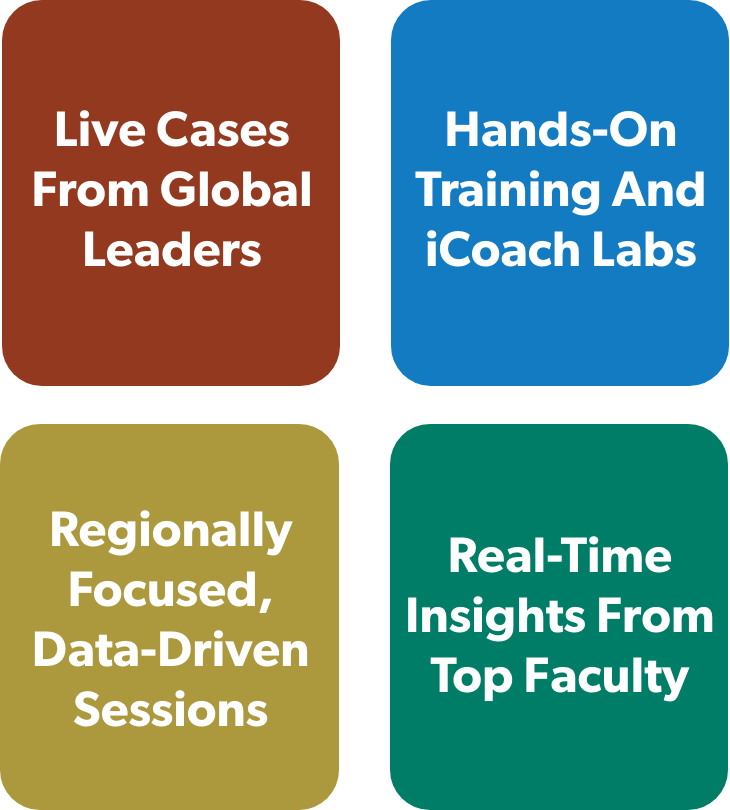 Live cases from global leaders,
                            Hands-on training and iCOACH labs,
                            Regionally focused, data-driven sessions, 
                            Real-time insights from top faculty
                            